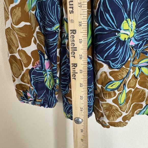Lilly Pulitzer Shirt Womens M toffee blooms of paradise Silk Peasant Blouse - Picture 8 of 9